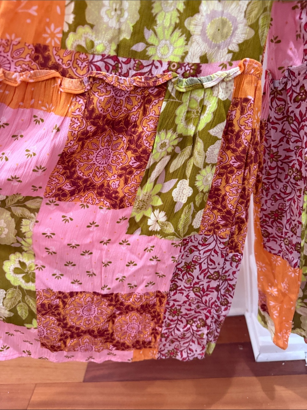 Easel Patchwork Wide Leg Pants M Pink Orange Boho Festival Floral Rayon Lounge - Picture 7 of 15